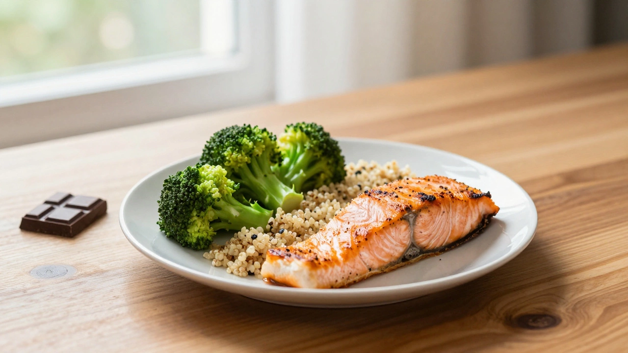 Сбалансированная тарелка с рыбой и овощами с маленьким кусочком темного шоколада рядом
