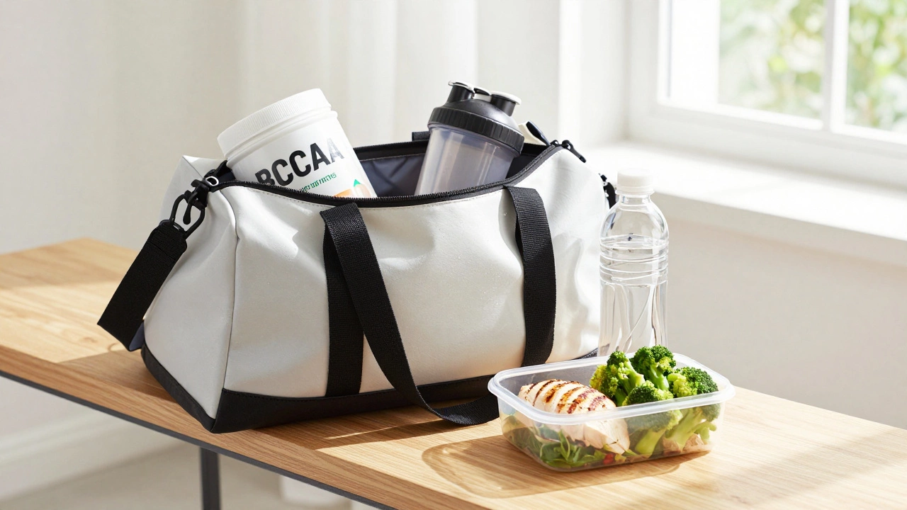 Спортивная сумка с добавками BCAA и контейнером с полезной едой на скамье