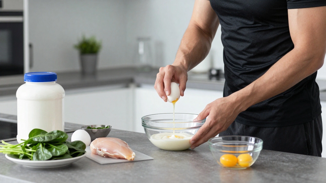 Спортсмен готовит белковый прием пищи из яиц и овощей на современной кухне