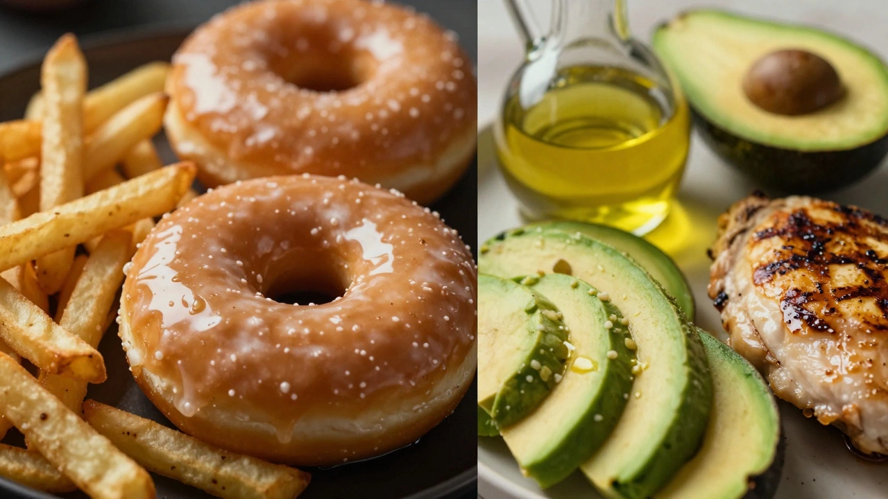 Сравнение вредного фастфуда и полезных продуктов: авокадо, оливковое масло и курица