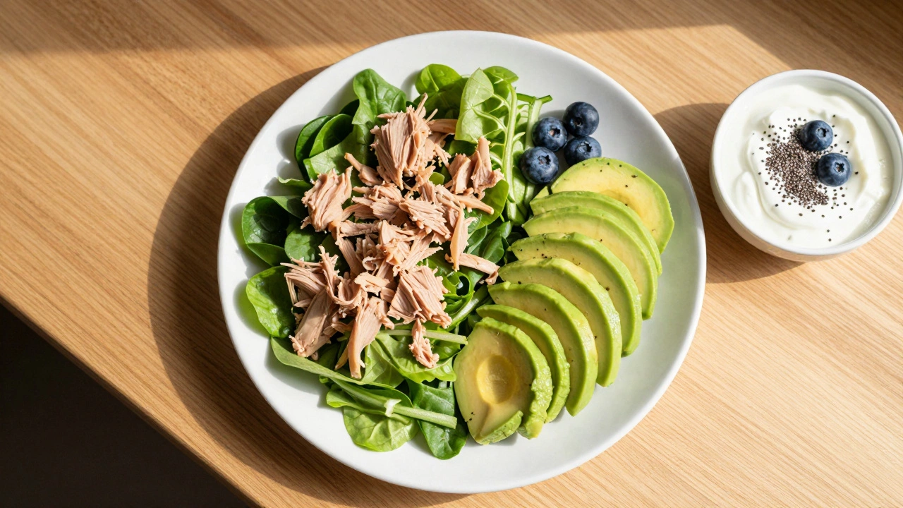 Здоровая тарелка с тунцом, авокадо, салатом и греческим йогуртом с семенами чиа